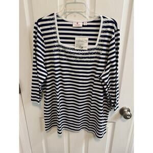 Quacker Factory XL Navy Blue White Stripe Square Neck 3:4 Sleeve Beads Studs New